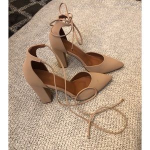 Nude, ankle tie, block heels